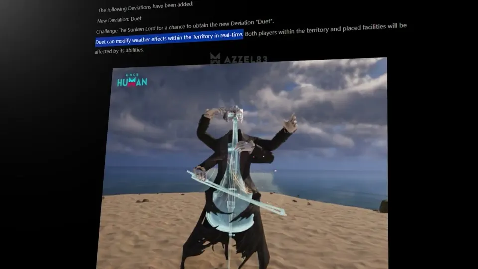 Patch note text for the new Deviation Duet beside an official image of Duet playing a cello on a beach