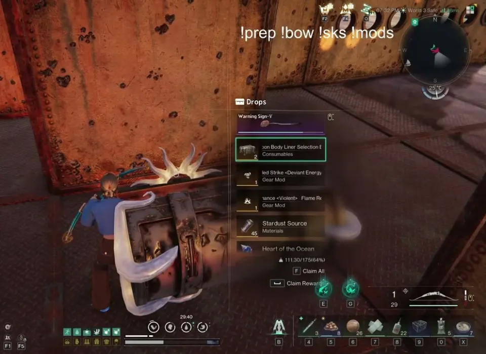 Voyager loot window listing a body liner selection crate, two gear mods, 45 Stardust Source and Heart of the Ocean