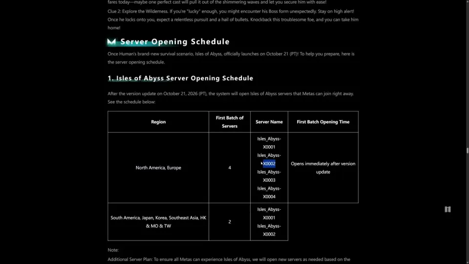 Official Isles of Abyss server opening schedule table: North America and Europe get four servers, Isles_Abyss-X0001 to X0004; South America, Japan, Korea, Southeast Asia and HK/MO/TW get two; all open right after the update