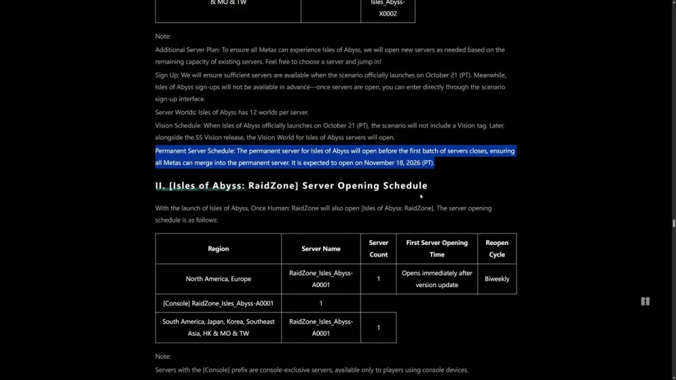 Starry Studio’s server schedule with the Permanent Server Schedule note highlighted: the permanent server opens before the first batch closes and is expected on November 18, 2026 (PT), followed by the RaidZone server table