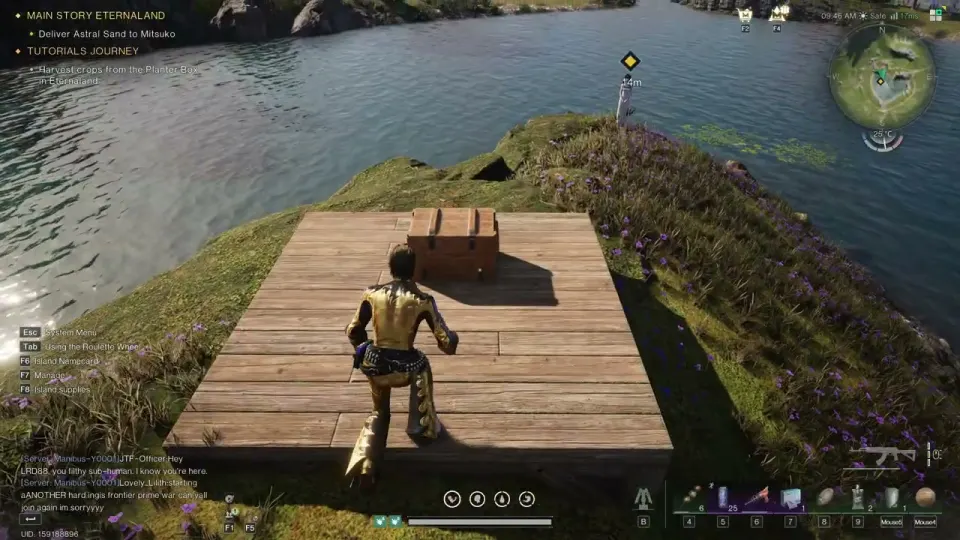 A character standing on a wooden foundation in Eternaland next to a small storage box, the setup used to reach account-wide storage