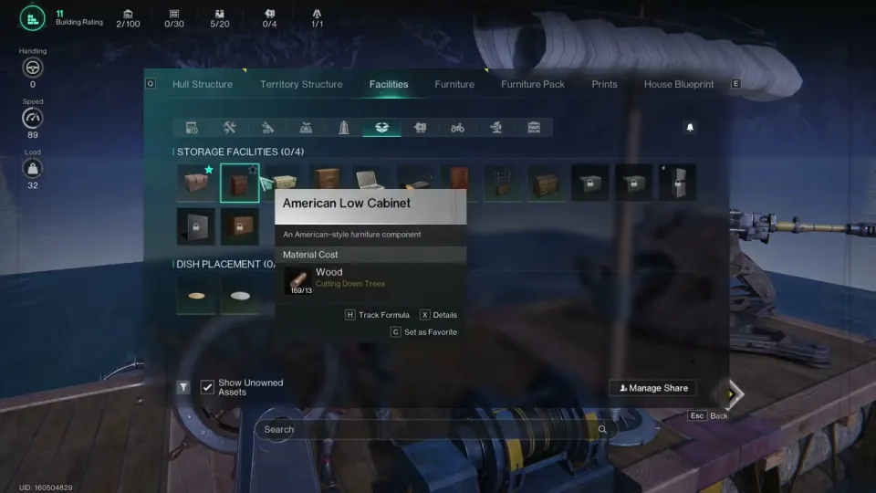 Ship build menu on the Facilities tab showing Storage Facilities (0/4), a row of crates and cabinets, and a Dish Placement row