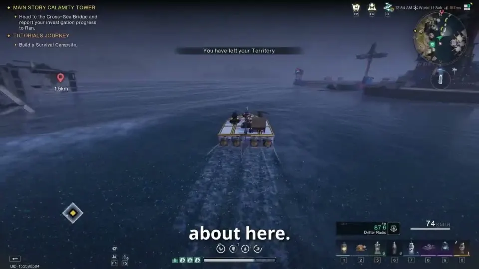 A small ship platform with cannons sailing away from the coast, with the message You have left your Territory at the top of the screen