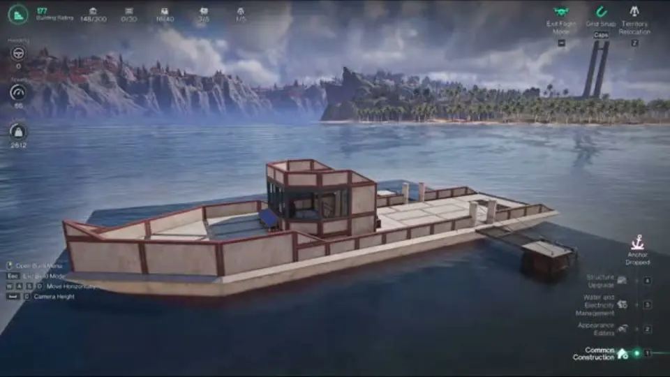 Finished iron starter boat in Once Human: long flat hull with red-trimmed iron bulwarks, a glazed wheelhouse at the stern and a small platform holding a Trawl Net behind it