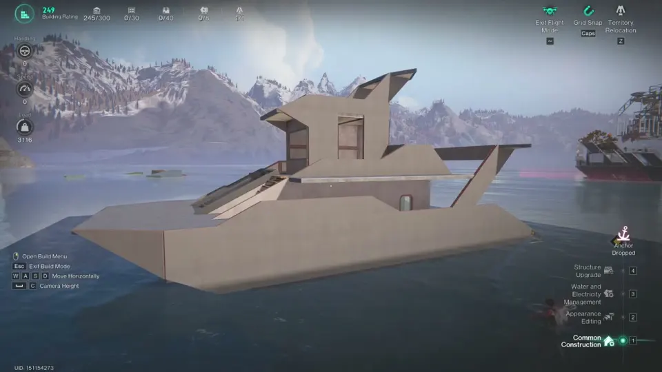 Grey warship hull in Once Human: iron hull with a sharply pointed bow and a tall angled bridge built from triangular bulwarks, anchored near a coast