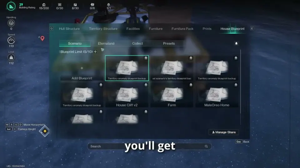 Once Human build menu on a ship with the House Blueprint tab open, showing Scenario, Eternaland, Collect and Presets tabs, an Add Blueprint slot and a blueprint limit counter