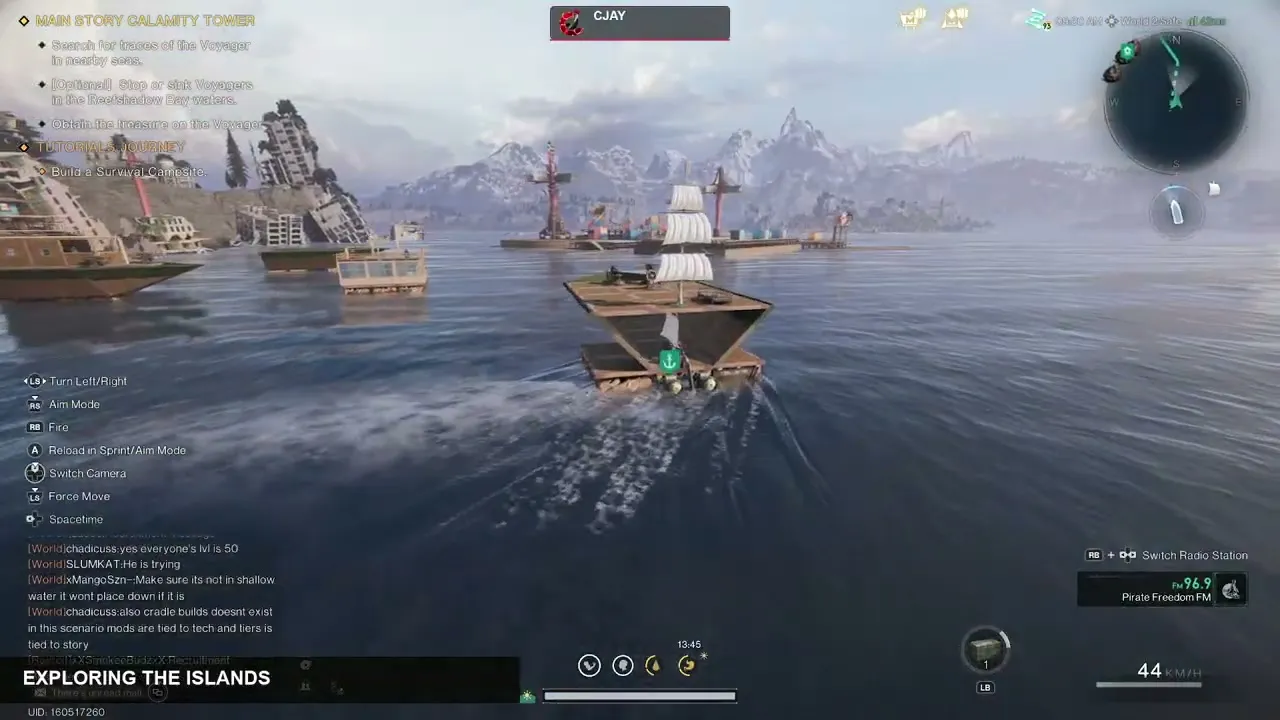 CJay’s wooden sail raft in Once Human heading towards a harbour: a flat wooden deck on a raft base, a triangular bow and one mast carrying large white sails, with the speedometer at 44 km/h