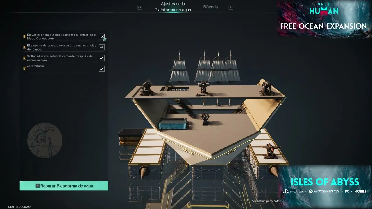 OreaChief’s ship in the Once Human Water Platform settings preview: white and gold hull with four masts of square sails and flags, three cannons on the top deck, the Ship’s Wheel on the lower deck, side pontoons with cone-shaped spikes at the corners and another cannon on the right pontoon