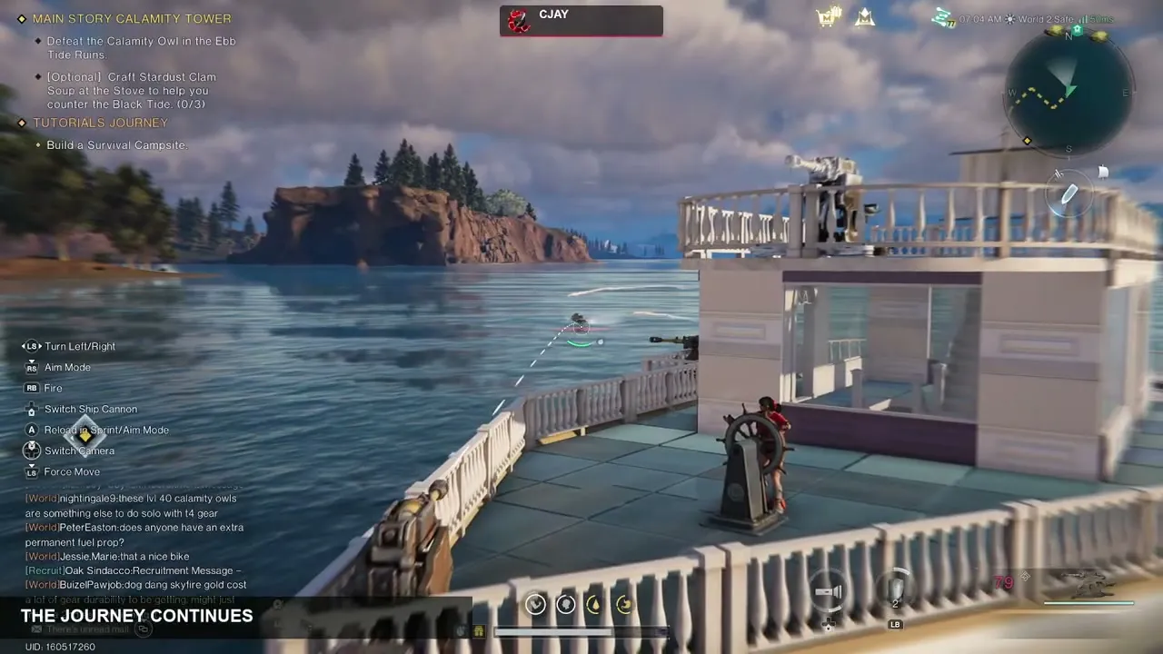On deck of CJay’s houseboat: the player at the Ship’s Wheel on an open deck lined with white balustrade railings, a glazed cabin with stairs inside, a cannon on the upper-deck railing and another mounted on the side rail