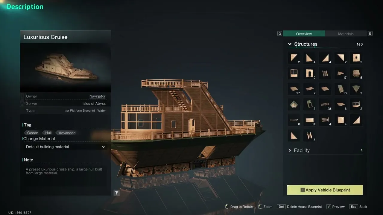 Luxurious Cruise preset blueprint in Once Human: a large wooden cruise ship with three decks, railings, staircases and a glazed cabin, tagged Ocean, Hull and Advanced, with 160 structures and 4 facilities listed