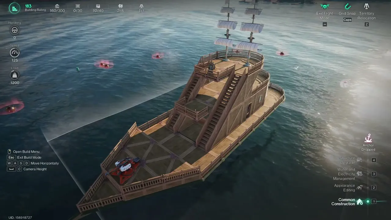 Anestic’s edited Luxurious Cruise in Once Human Build Mode: wooden three-deck hull with staircases, the Ship’s Wheel on the top deck, two masts of square sails and a cannon on the bow; Speed 125, Load 1,200