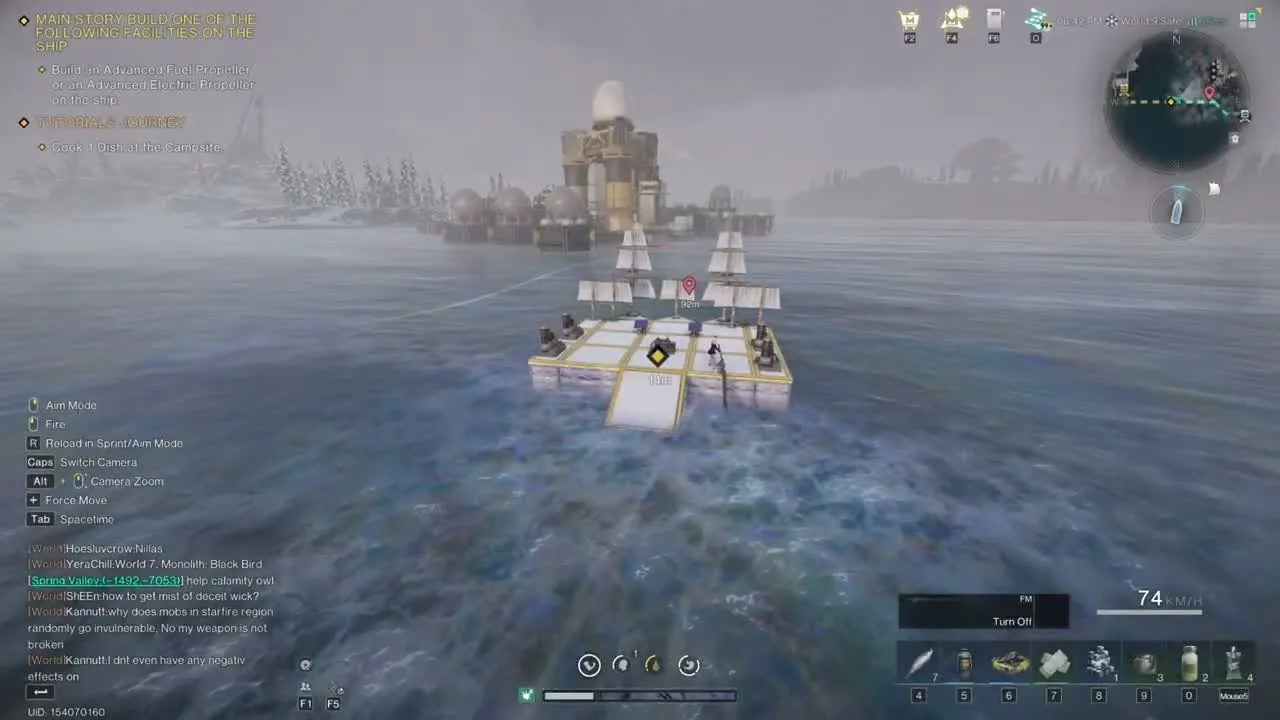 Krithi’s oil farm boat sailing in Once Human: a flat raft of white wooden platforms with gold trim, several masts of white sails at the back and dark Drilling Wells at the corners, at 74 km/h