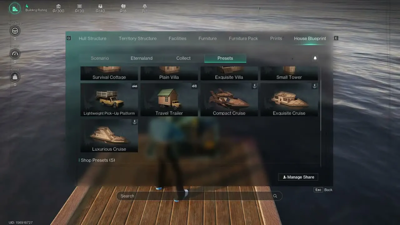 Once Human House Blueprint menu on a ship, Presets tab: Survival Cottage, Plain Villa, Exquisite Villa, Small Tower, Lightweight Pick-Up Platform, Travel Trailer, and the anchor-marked Compact Cruise, Exquisite Cruise and Luxurious Cruise, with Shop Presets (5) below