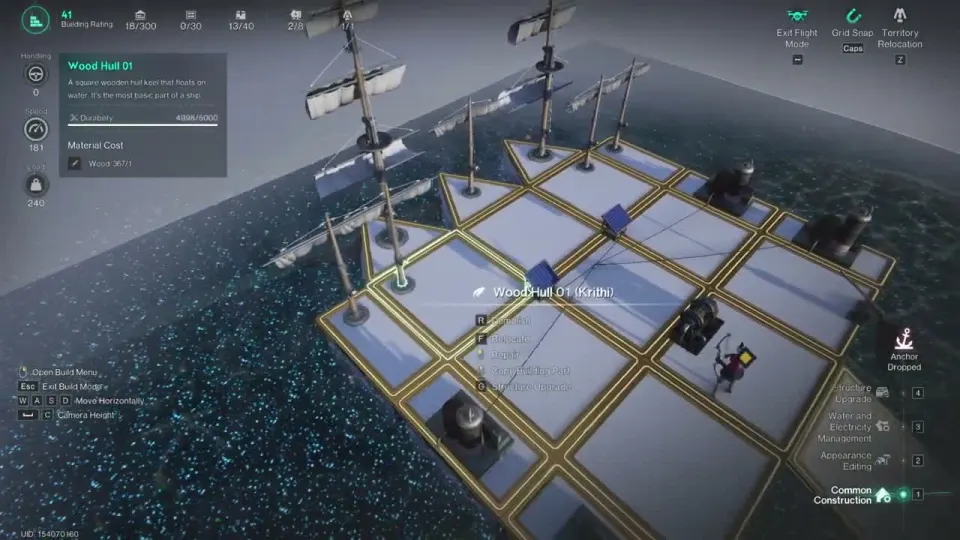 Isles of Abyss Build Mode showing a wooden raft with several sails and a Speed value of 181 in the left panel