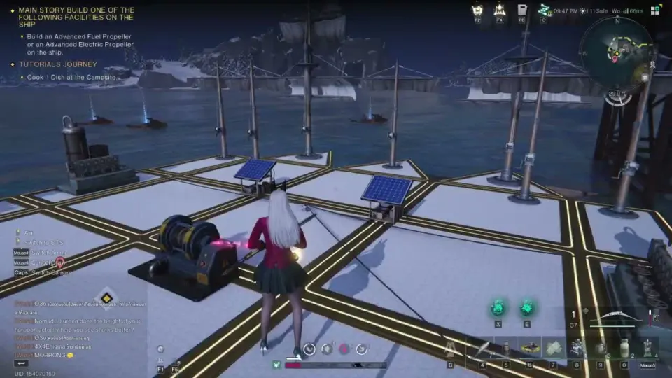 Ship deck with two solar panels wired to a Drilling Well, with more wells and sail masts around them