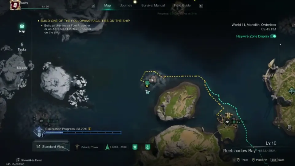Isles of Abyss map of Reefshadow Bay with the oil farm spot marked off a small island near a Lv.10 settlement, cursor at -6863, -2864