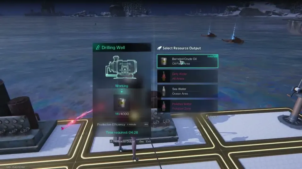Drilling Well menu with Barreled Crude Oil selected for the Oil Field Area, plus Dirty Water, Sea Water and Polluted Water options